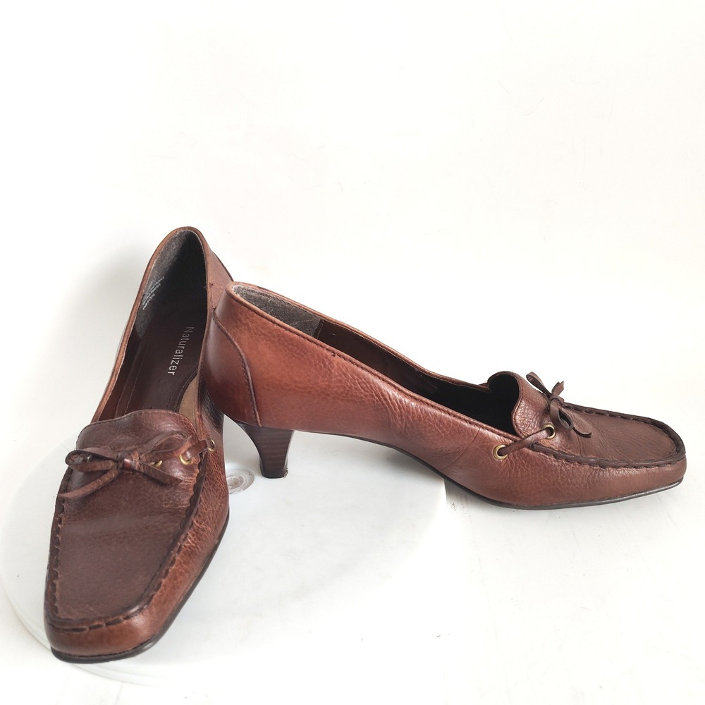 Naturalizer Pumps‎ 6 Brown Leather Bow Square Toe Kitten Heel Professional Julia